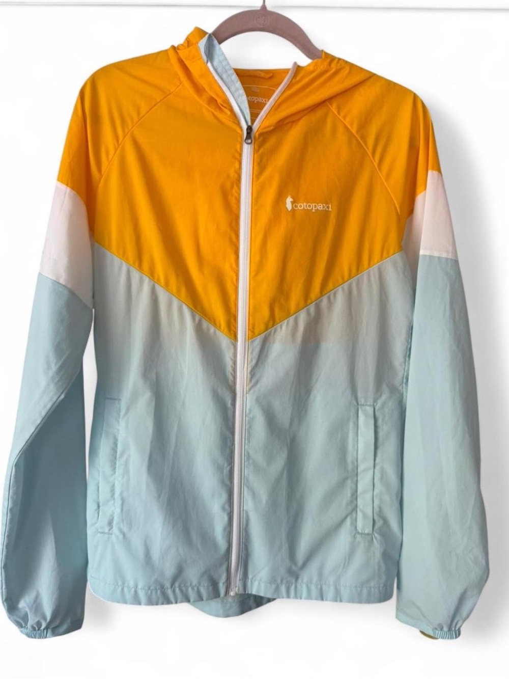 Cotopaxi Lightweight Teca Hooded Full-Zip Windbreaker in yellow,sky blue & white